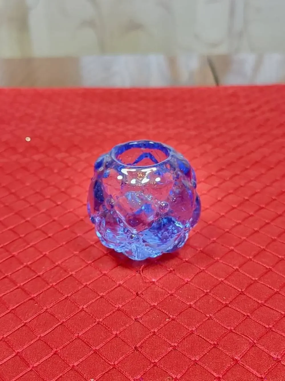 Vintage Blue Glass Candle Holder, Raspberry Bubble Reversible Votive Stick